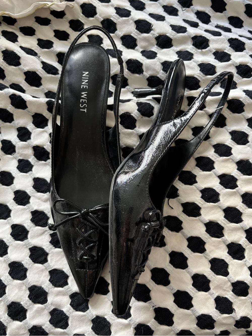 Nine West Black Patent Slingback Pointed Toe Heels with Bow
